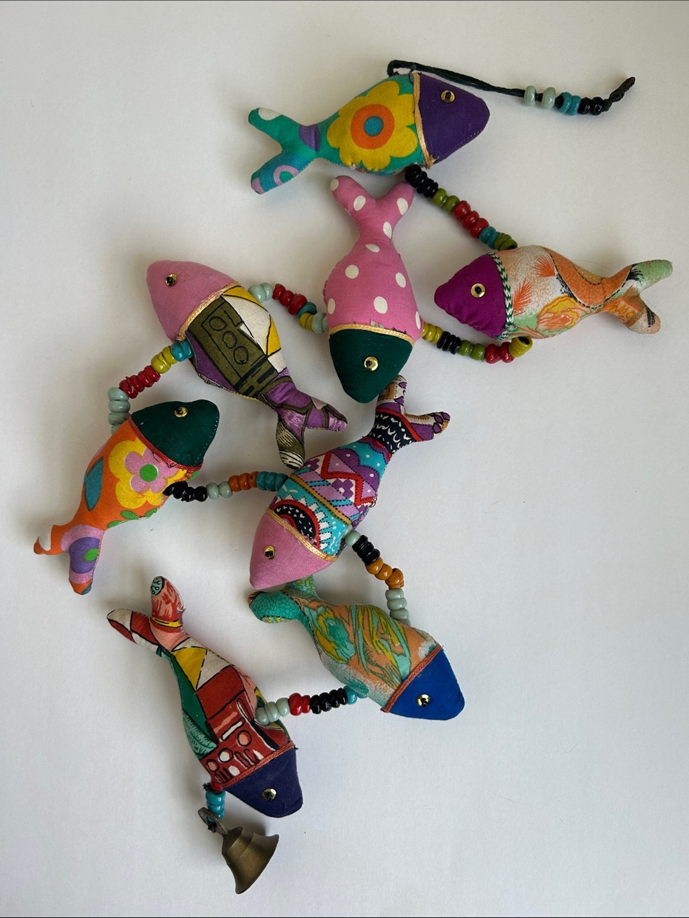 Vintage Colorful Fabric Patchwork Fish Garland Decor with Brass Bell 34” Length